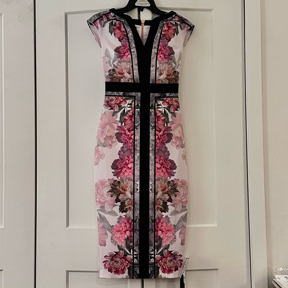 Ted Baker Floral Midi Dress in Pink and Black